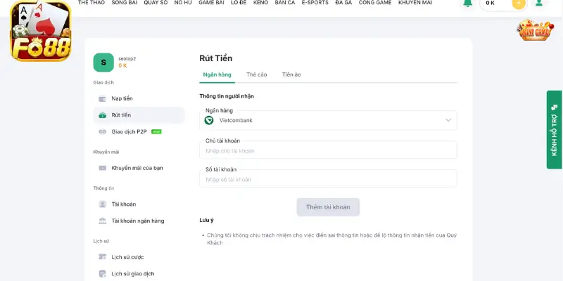Hướng dẫn chi tiết thao tác rút tiền Fo88 nhanh chóng