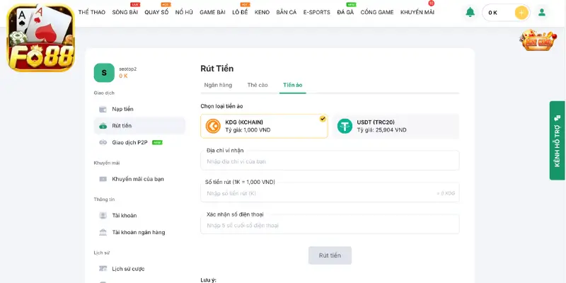 Rút tiền Fo88 qua Tiền ảo